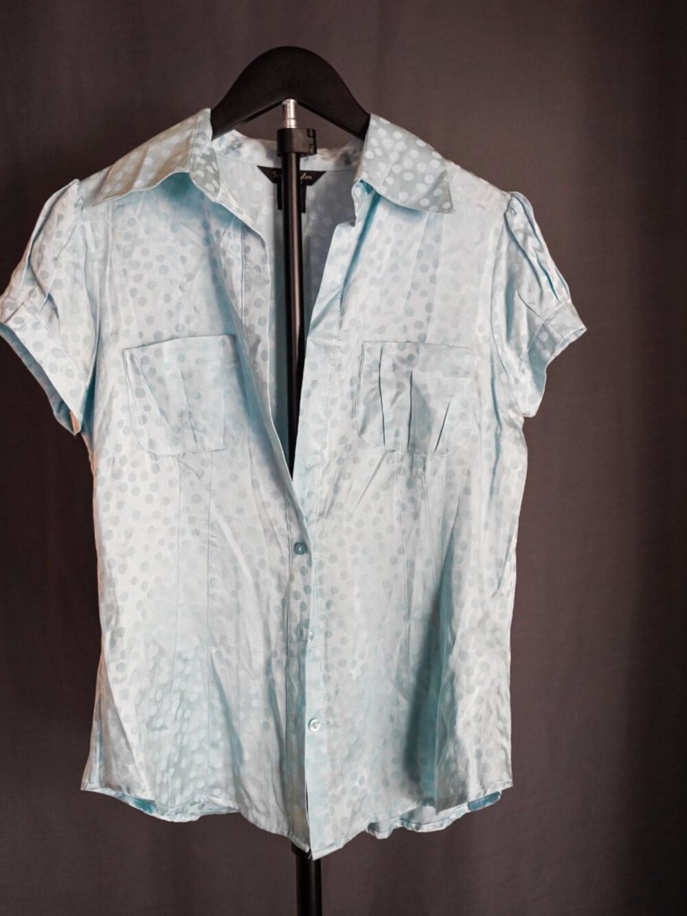 Sunny Taylor Petite Silk Blend Shirt Women's Size PP Light Blue Polka Dot